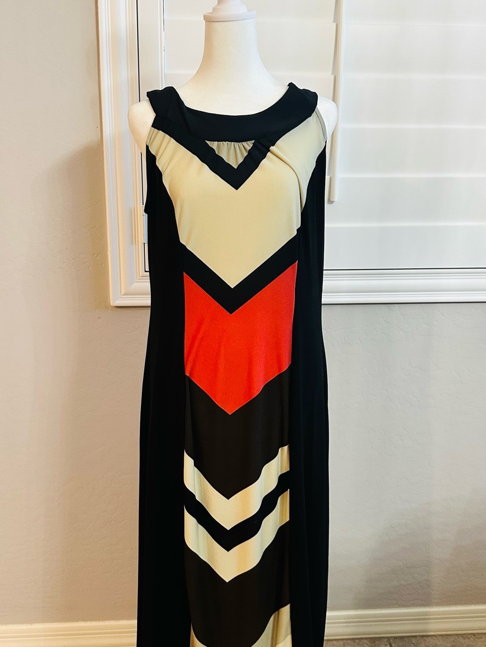 Cocomo Sleeveless Chevron Maxi Dress in Black, Cream & Red-Orange